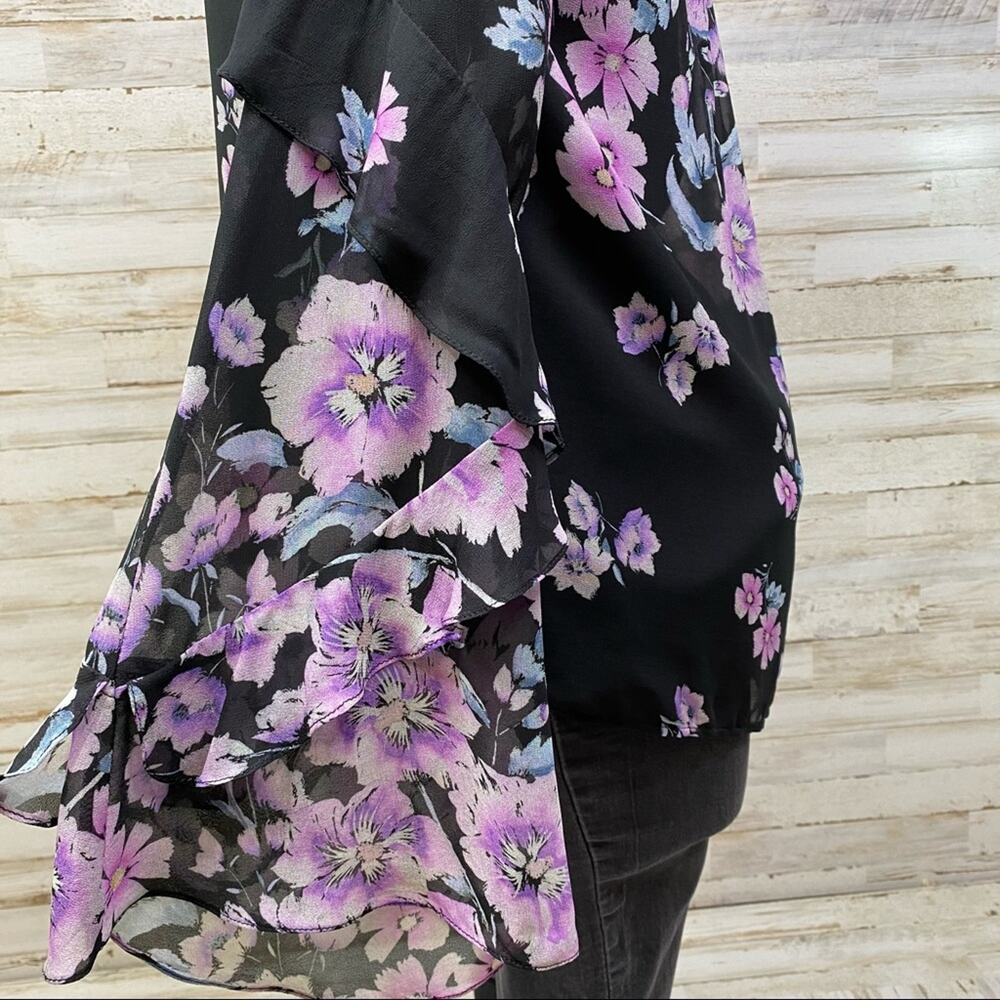 Nanette Lepore Zen Silk Floral Blouse Womens Size S Purple Black Bell Sleeve - Picture 9 of 16